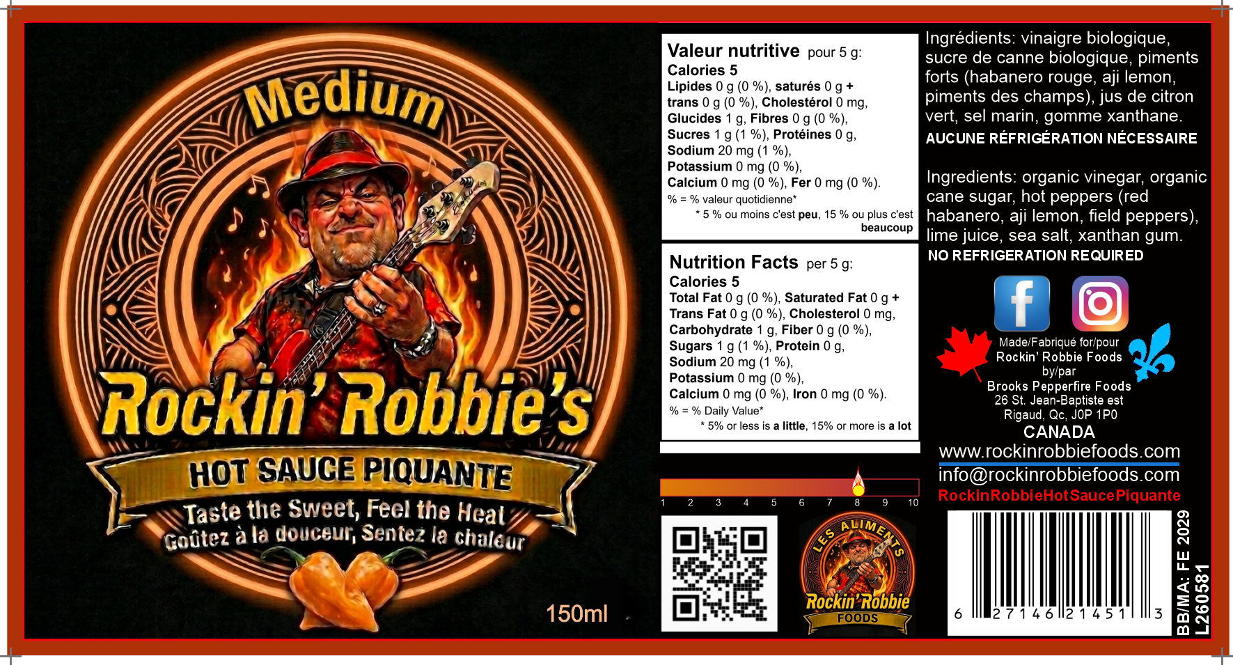 **NEW** Rockin’ Robbie’s Hot Sauce Piquante - Medium (FREE LOCAL PICKUP)